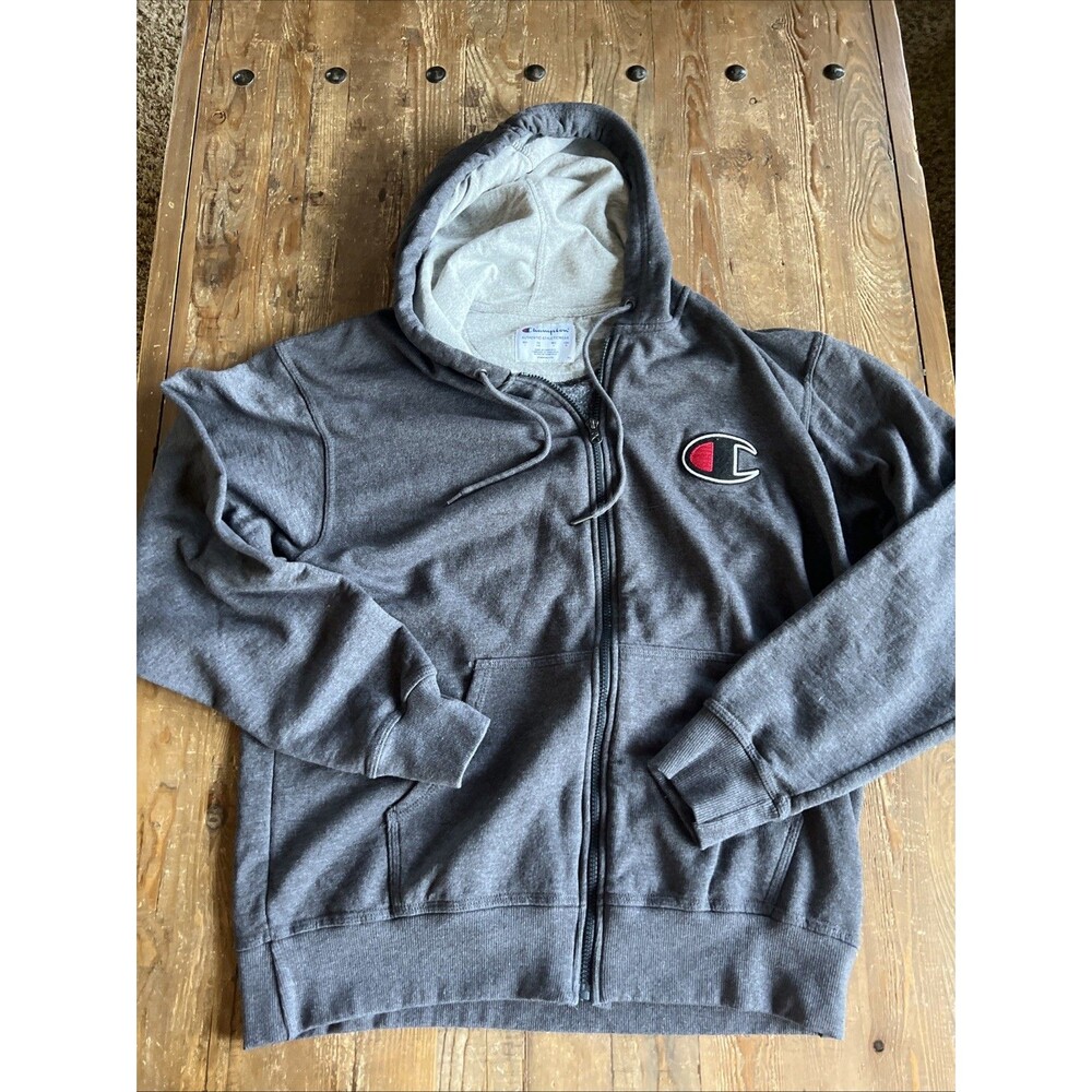 Champion Hoodie Mens Large Gray Full Zip Sweatshirt Embroidered C Logo Fleece